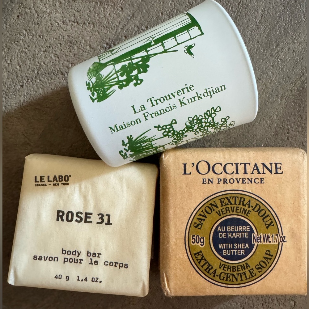 2 bar soaps Le Labo and L’Occitane and Madison Francis Kurkdjian candle bundle